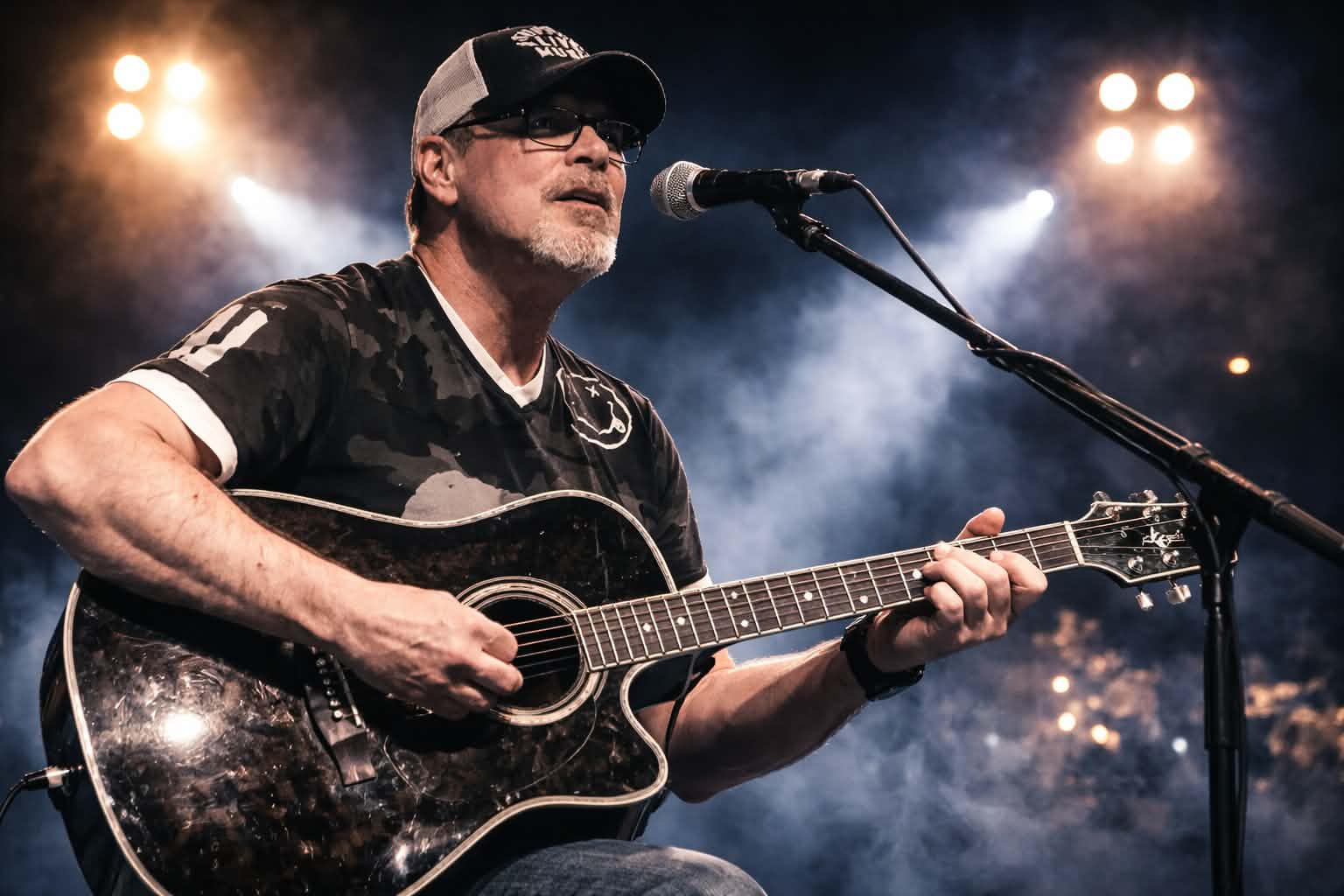 Bill Burgin playing guitar and singing on stage