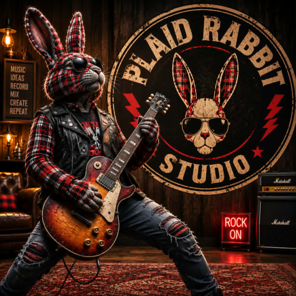 Plaid Rabbit Studio rabbit guitarist artwork